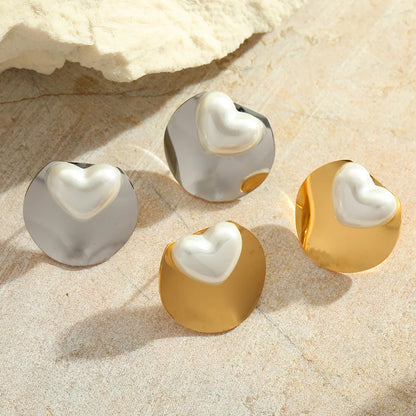 1 Pair Cute Romantic Simple Style Irregular Geometric Heart Shape Plating Inlay 304 Stainless Steel Imitation Pearl 18K Gold Plated Ear Studs