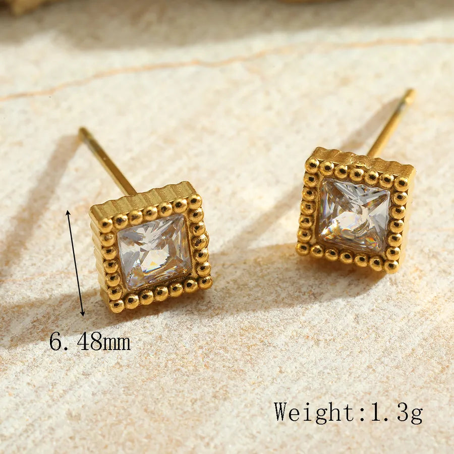 1 Pair Cute Retro Simple Style Geometric Plating Inlay 304 Stainless Steel Zircon 18K Gold Plated Ear Studs