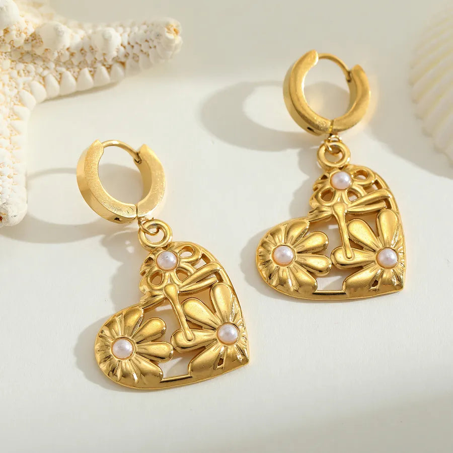 1 Pair Casual Elegant Cute Geometric Heart Shape Flower Plating Inlay 304 Stainless Steel Imitation Pearl 18K Gold Plated Earrings