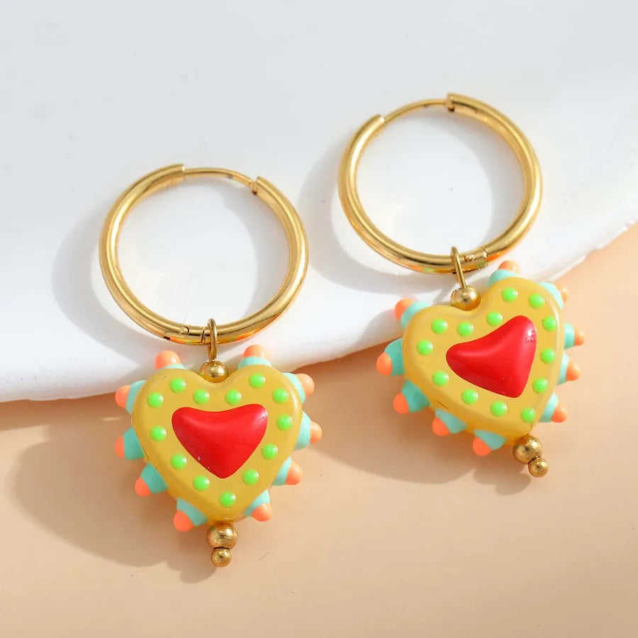 1 Pair Casual Cute Sweet Heart Shape Enamel Plating 304 Stainless Steel 18K Gold Plated Charm Sleeper Hoop Earrings