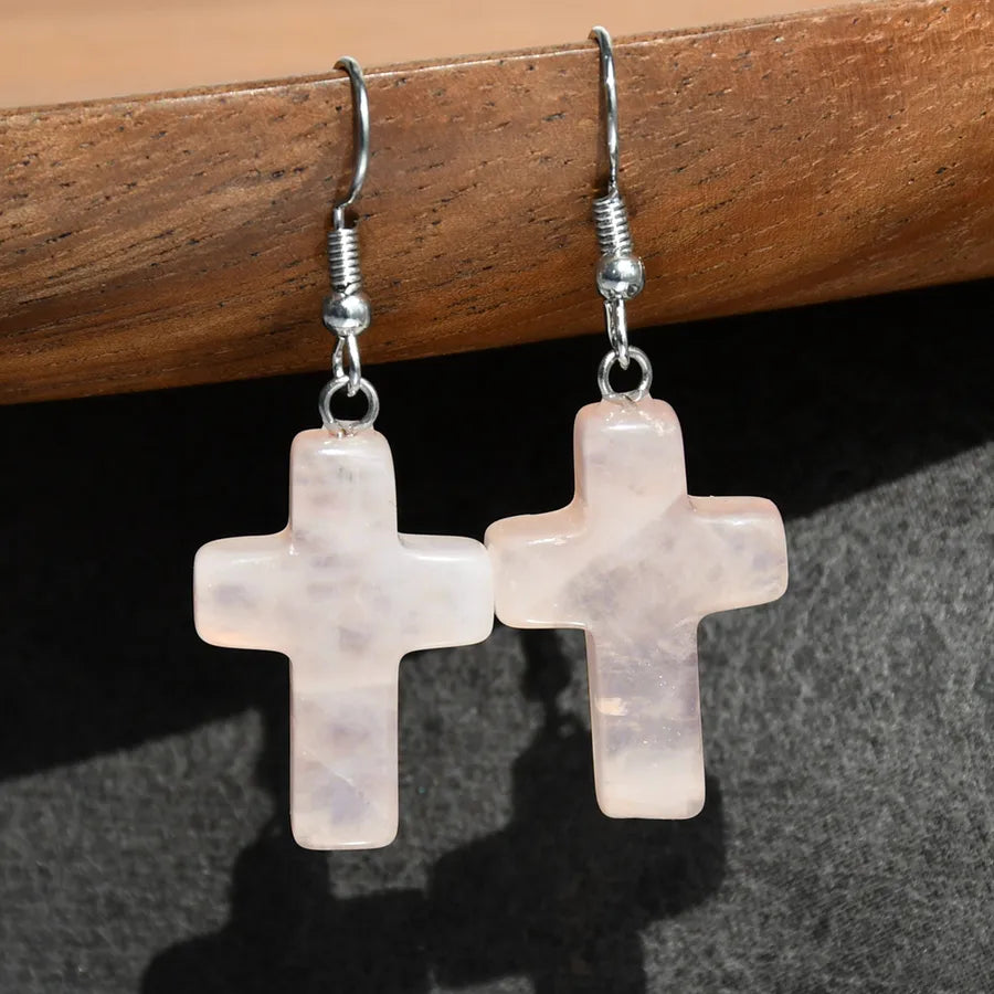 1 Pair Simple Style Cross Alloy natural stone Drop Earrings