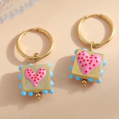 1 Pair Casual Cute Sweet Square Heart Shape Enamel Plating 304 Stainless Steel 18K Gold Plated Drop Earrings Earrings