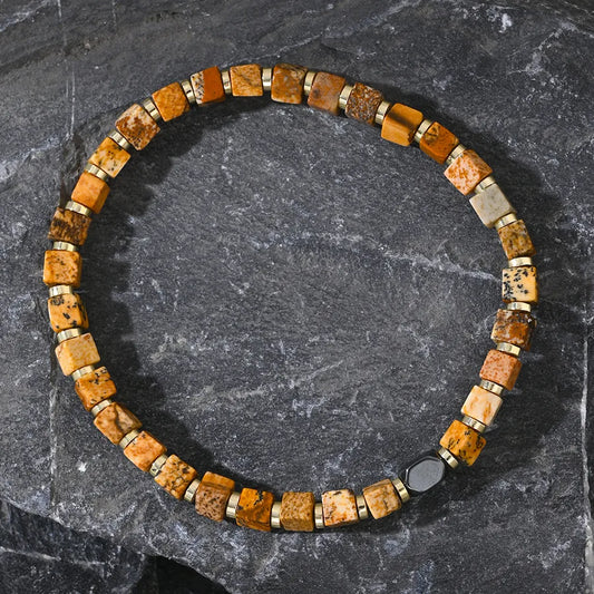 Hot Selling New Iron Gall Stone Spacer Square Drawing Stone Semi-Precious Stone Men's Bracelet Bracelet Jewelry Geometric