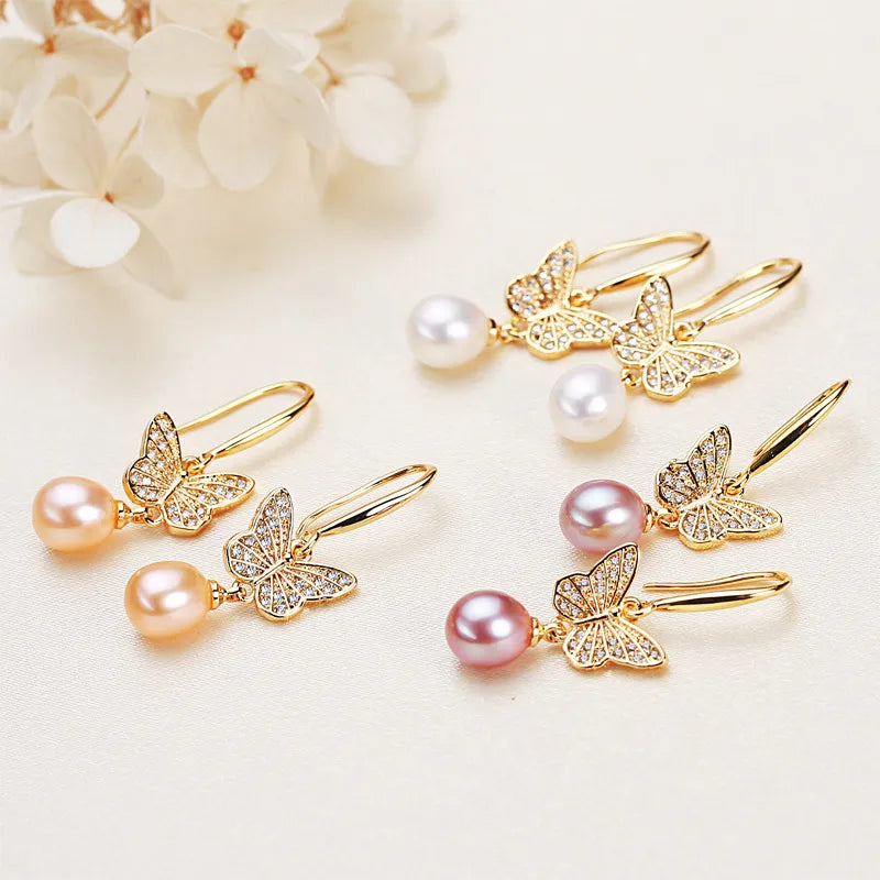 1 Pair 18K Gold Plated Freshwater Pearl Copper Zircon Freshwater pearl earrings Water Droplets Butterfly Drop Earrings