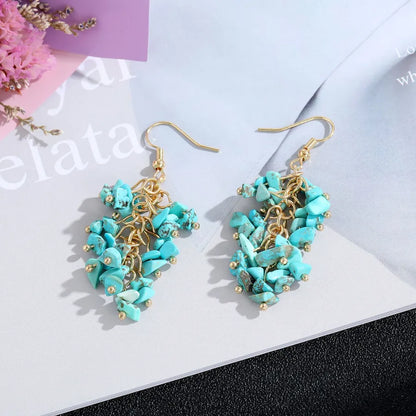 1 pair retro printing natural stone crystal drop earrings