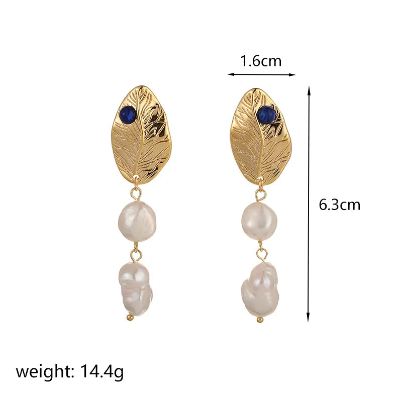 1 pair classical retro leaf plating inlay copper resin freshwater pearl 18k gold plated drop earrings