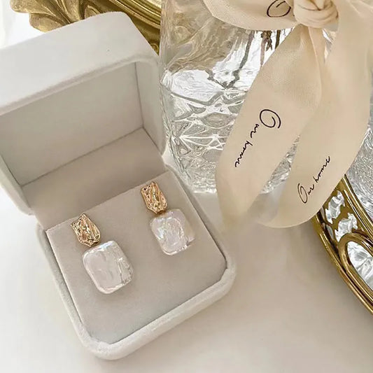 1 pair retro square patchwork freshwater pearl earrings