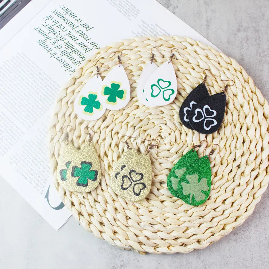 1 pair fashion four leaf clover water droplets pu leather st. patrick women's drop earrings
