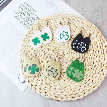 1 pair fashion four leaf clover water droplets pu leather st. patrick women's drop earrings
