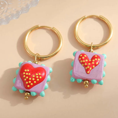1 Pair Casual Cute Sweet Square Heart Shape Enamel Plating 304 Stainless Steel 18K Gold Plated Drop Earrings Earrings