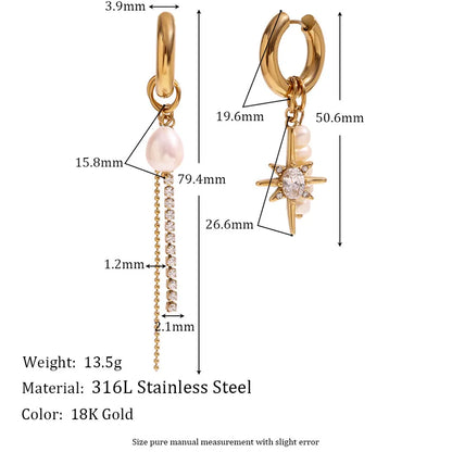 1 Pair 316L Stainless Steel  Freshwater Pearl Star Drop Earrings