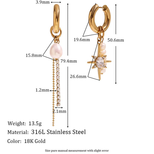 1 Pair 316L Stainless Steel  Freshwater Pearl Star Drop Earrings