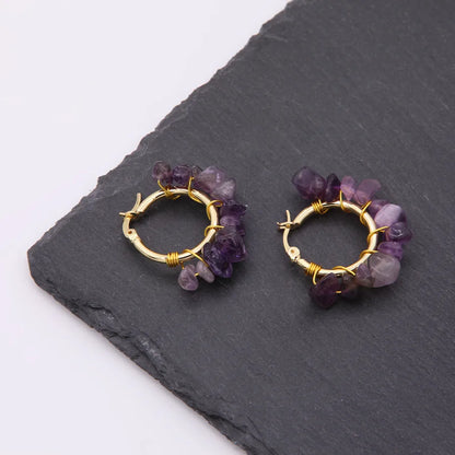 1 pair ethnic style bohemian tropical solid color handmade plating natural stone copper 18k gold plated hoop earrings