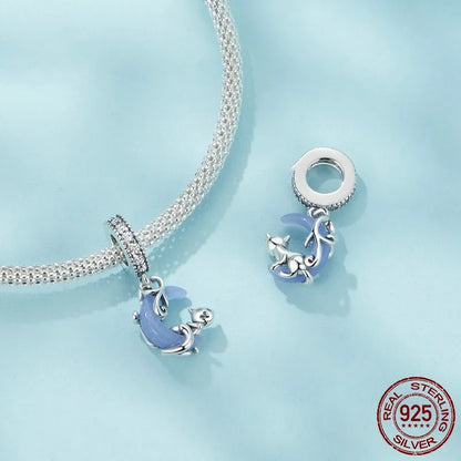 1 Piece 9 * 21mm Hole 4~4.9mm 925 Sterling Silver Zircon Moon Cat Polished Pendant Jewelry Accessories