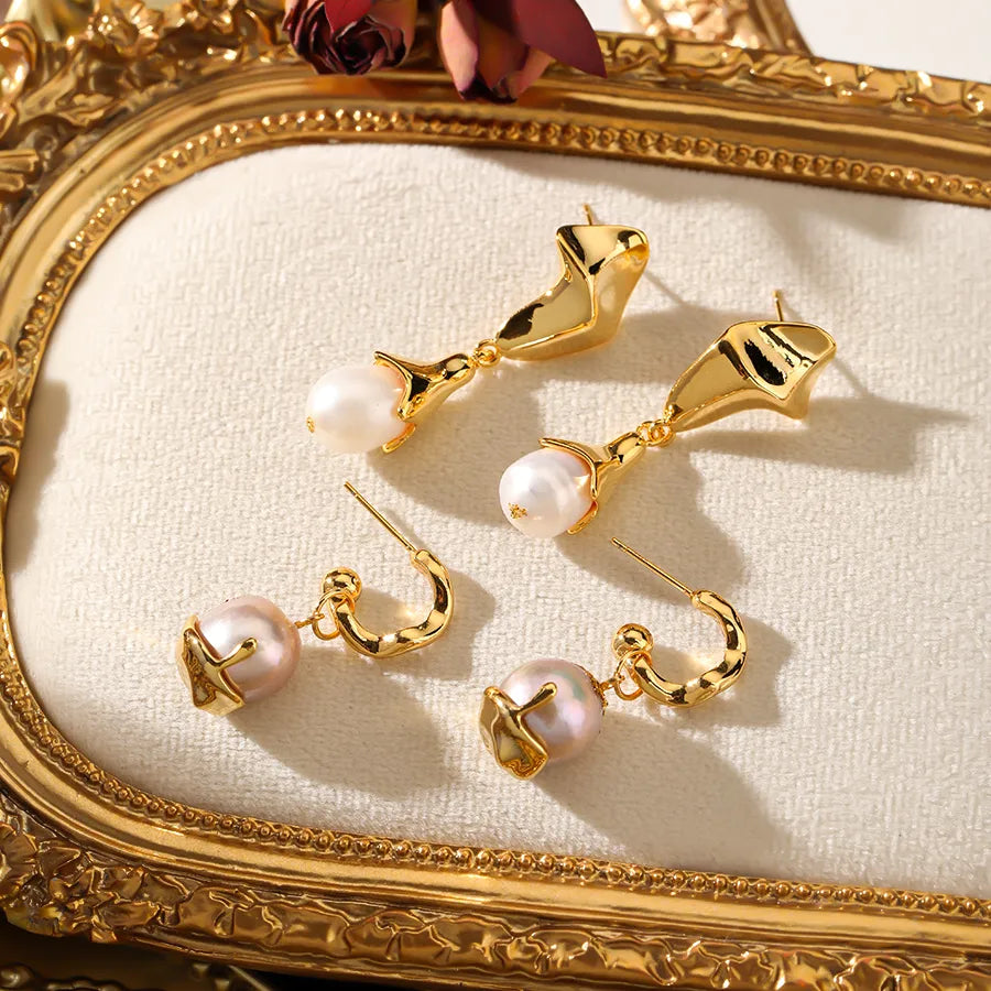 1 Pair Elegant Glam Geometric Copper Freshwater Pearl 18K Gold Plated Drop Earrings