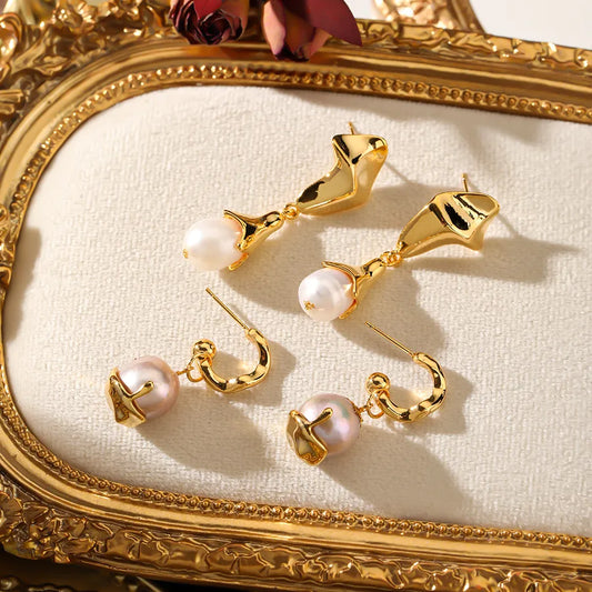 1 Pair Elegant Glam Geometric Copper Freshwater Pearl 18K Gold Plated Drop Earrings
