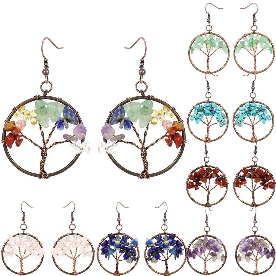1 pair ethnic style pastoral tree hollow out natural stone copper drop earrings