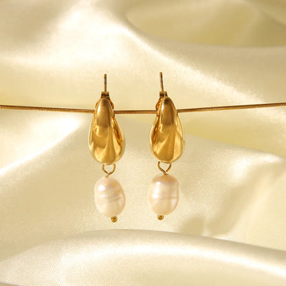 1 Pair Elegant Luxurious French Style Water Droplets Polishing 304 Stainless Steel Freshwater Pearl 18K Gold Plated Drop Earrings
