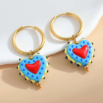 1 Pair Casual Cute Sweet Heart Shape Enamel Plating 304 Stainless Steel 18K Gold Plated Charm Sleeper Hoop Earrings