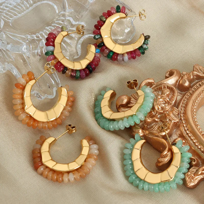 1 Pair IG Style Geometric Plating natural stone Titanium Steel Ear Studs