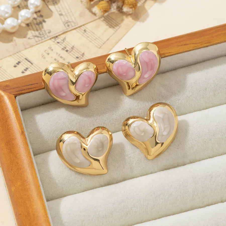 1 Pair Elegant Cute Simple Style Heart Shape Enamel Plating 304 Stainless Steel Ear Studs