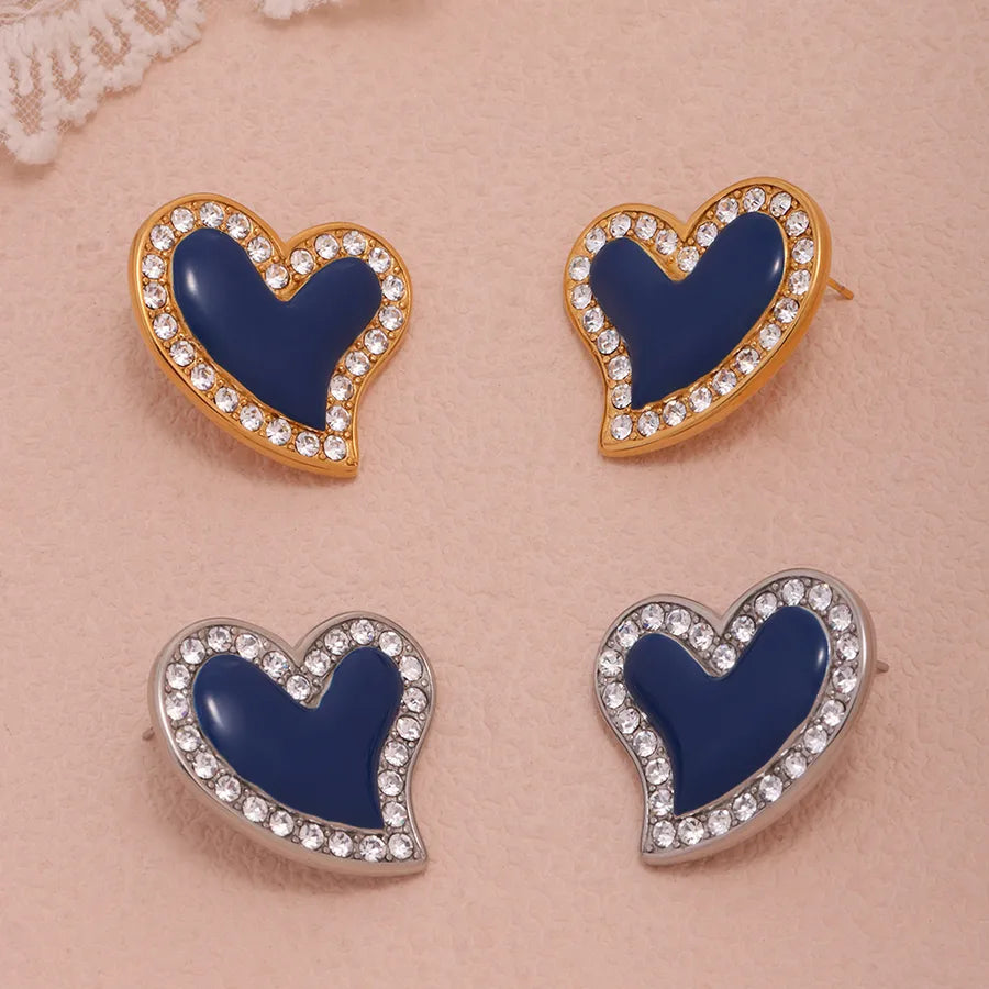 1 Pair Casual Vacation Shiny Heart Shape Plating Inlay 304 Stainless Steel Zircon 18K Gold Plated Ear Studs