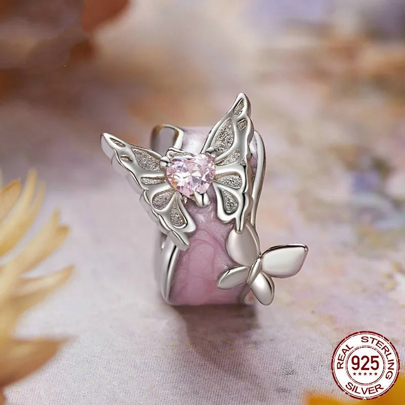 Silver Ziyun Pink Butterfly Diy Silicone Positioning Bracelet Spacer Beads Romantic Spring S925 Sterling Silver Beads Scattered Beads