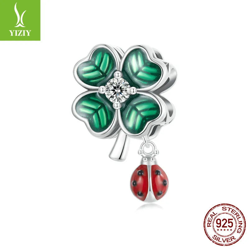 1 Piece 18 * 22mm Hole 4~4.9mm 925 Sterling Silver Zircon Four Leaf Clover Beetles Polished Pendant Beads Jewelry Accessories