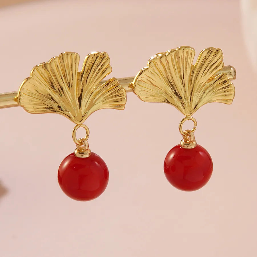 1 Pair Elegant Sweet Flower Ginkgo Leaf 304 Stainless Steel Imitation Gold  Drop Earrings