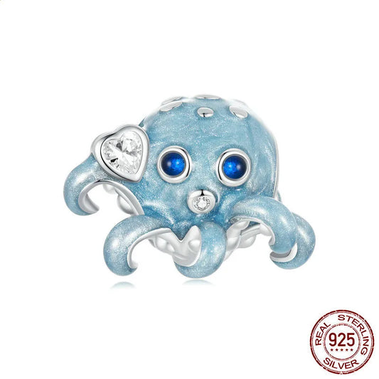 1 Piece 13*16mm Hole 4~4.9mm 925 Sterling Silver Zircon White Gold Plated Octopus Polished Beads Jewelry Accessories