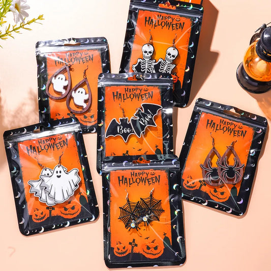 1 Pair Halloween Hip-Hop Funny ghost Spider Skull Wood Drop Earrings