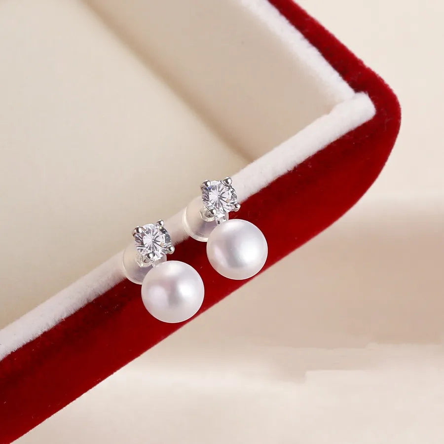 1 Pair 925 Sterling Silver Freshwater Pearl Zircon Round Ear Studs