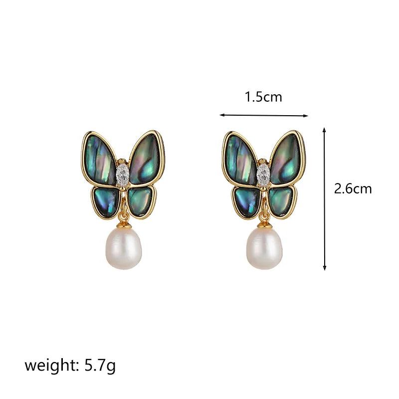1 pair ig style butterfly plating inlay metal copper freshwater pearl shell 18k gold plated silver plated drop earrings