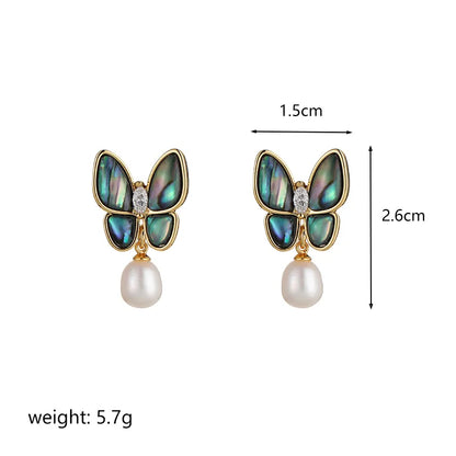 1 pair ig style butterfly plating inlay metal copper freshwater pearl shell 18k gold plated silver plated drop earrings