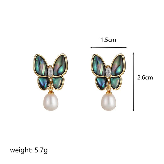 1 pair ig style butterfly plating inlay metal copper freshwater pearl shell 18k gold plated silver plated drop earrings