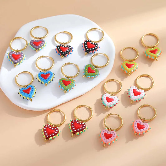 1 Pair Casual Cute Sweet Heart Shape Enamel Plating 304 Stainless Steel 18K Gold Plated Charm Sleeper Hoop Earrings