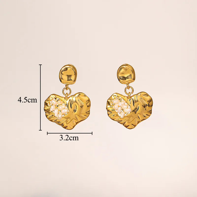 1 pair glam classical heart shape flower plating inlay copper freshwater pearl 18k gold plated ear studs