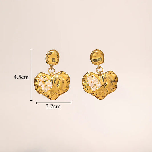 1 pair glam classical heart shape flower plating inlay copper freshwater pearl 18k gold plated ear studs