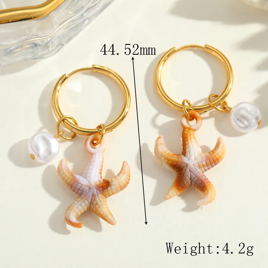 1 Pair Cute Romantic Artistic Starfish Conch Shell Plating Inlay 304 Stainless Steel Acrylic Imitation Pearl 18K Gold Plated Earrings