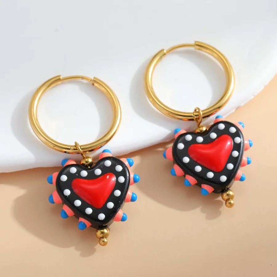 1 Pair Casual Cute Sweet Heart Shape Enamel Plating 304 Stainless Steel 18K Gold Plated Charm Sleeper Hoop Earrings