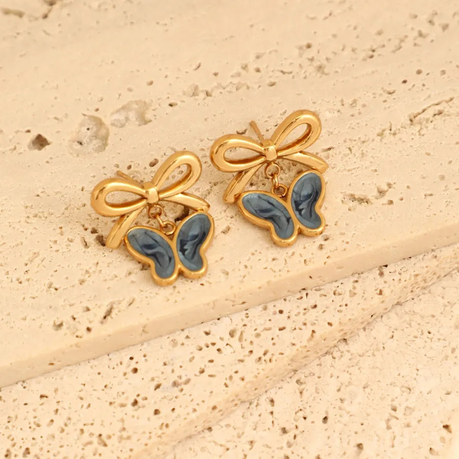 1 Pair Elegant French Style Sweet Heart Shape Bow Knot 304 Stainless Steel Ear Studs