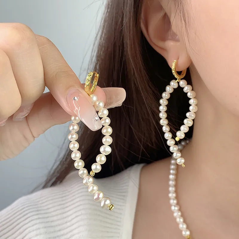 1 Pair 925 Sterling Silver Freshwater Pearl Lines Drop Earrings