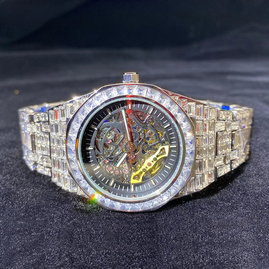 MISSFOX Watch  Explosions Hip-hop High-end All-Square Diamond Full Diamond Luminous Hollow Mechanical Watch Men's Wrist Watch