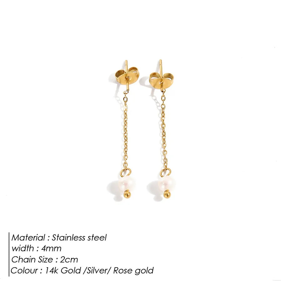 1 Pair 14K Gold Plated Freshwater Pearl Titanium Steel Pearl Geometric Drop Earrings Ear Studs