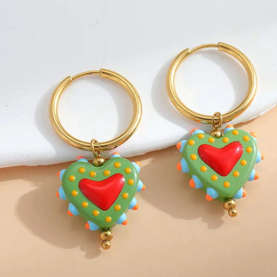 1 Pair Casual Cute Sweet Heart Shape Enamel Plating 304 Stainless Steel 18K Gold Plated Charm Sleeper Hoop Earrings
