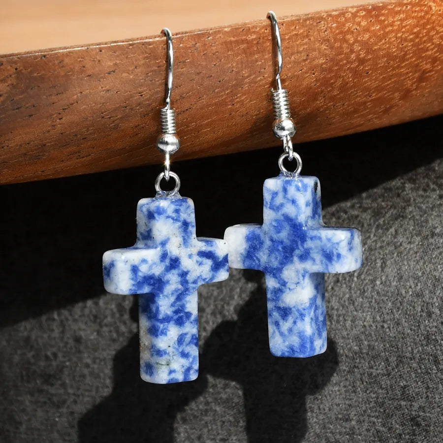 1 Pair Simple Style Cross Alloy natural stone Drop Earrings