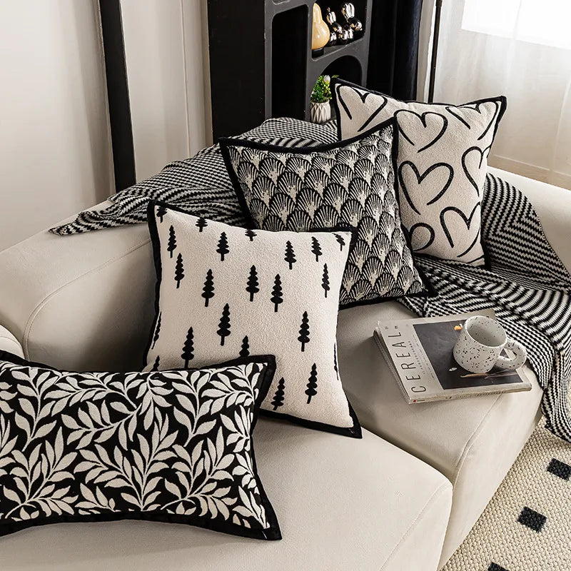 Modern Minimalist Refreshing Black White Sofa Pillow Backlight Luxury Bedside Cushion Cover Stripe Plant Floral Heart Shape Pattern