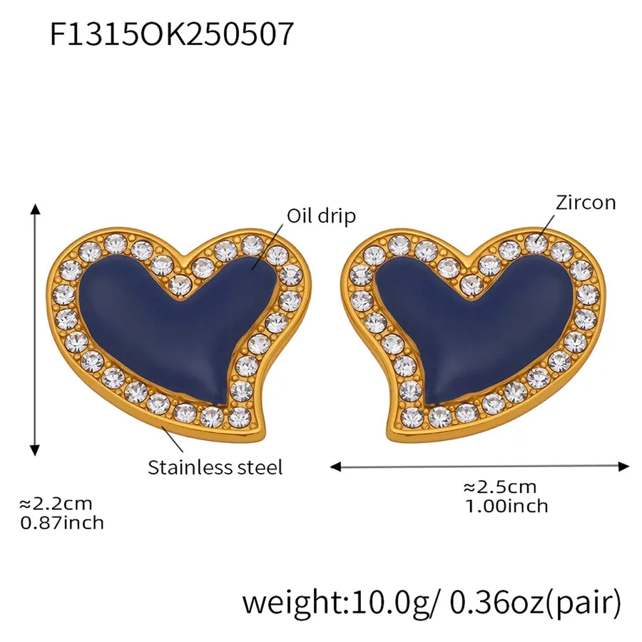 1 Pair Casual Vacation Shiny Heart Shape Plating Inlay 304 Stainless Steel Zircon 18K Gold Plated Ear Studs