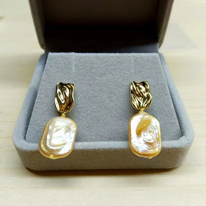 1 pair retro square patchwork freshwater pearl earrings