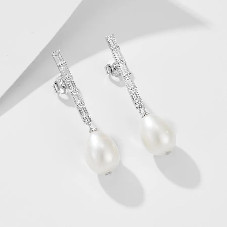 1 Pair 925 Sterling Silver Freshwater Pearl Zircon Geometric Solid Color Drop Earrings